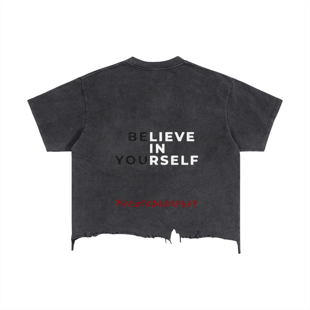 "Believe in Yourself" Vintage Wash Boxy Distressed Hem T-Shirt(PDB)