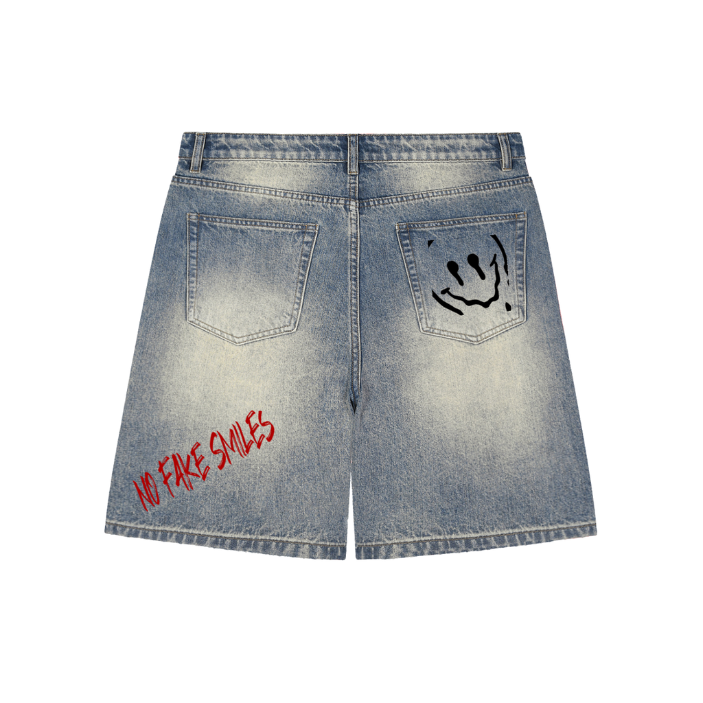 Faded Distressed "Crooked Smile" Baggy Denim Shorts