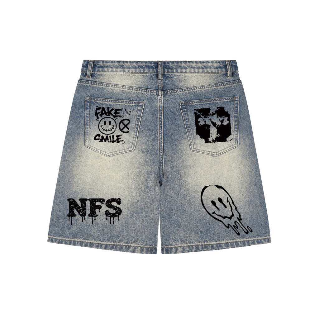 Faded Distressed Baggy "Patch"Denim Shorts