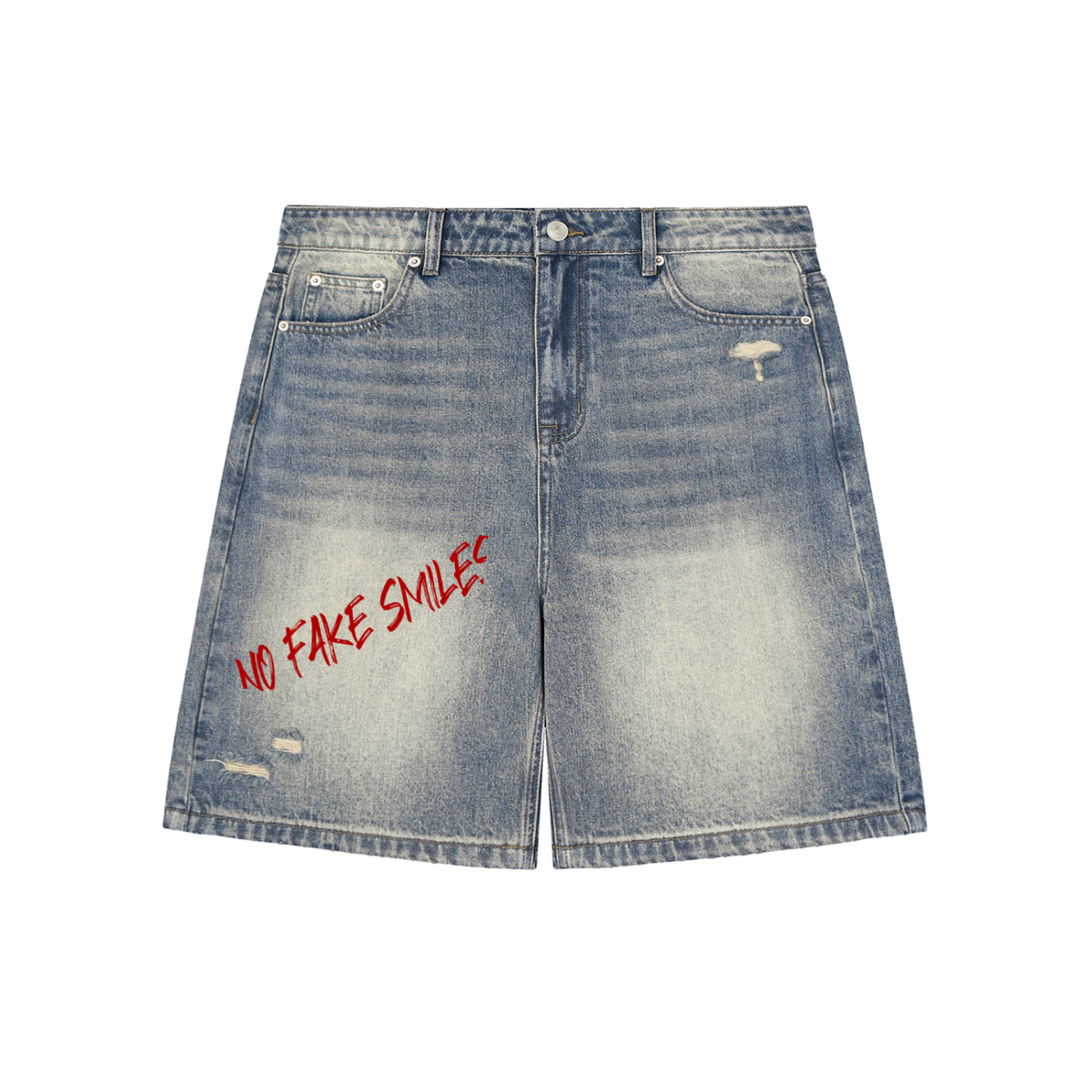 Faded Distressed "Crooked Smile" Baggy Denim Shorts