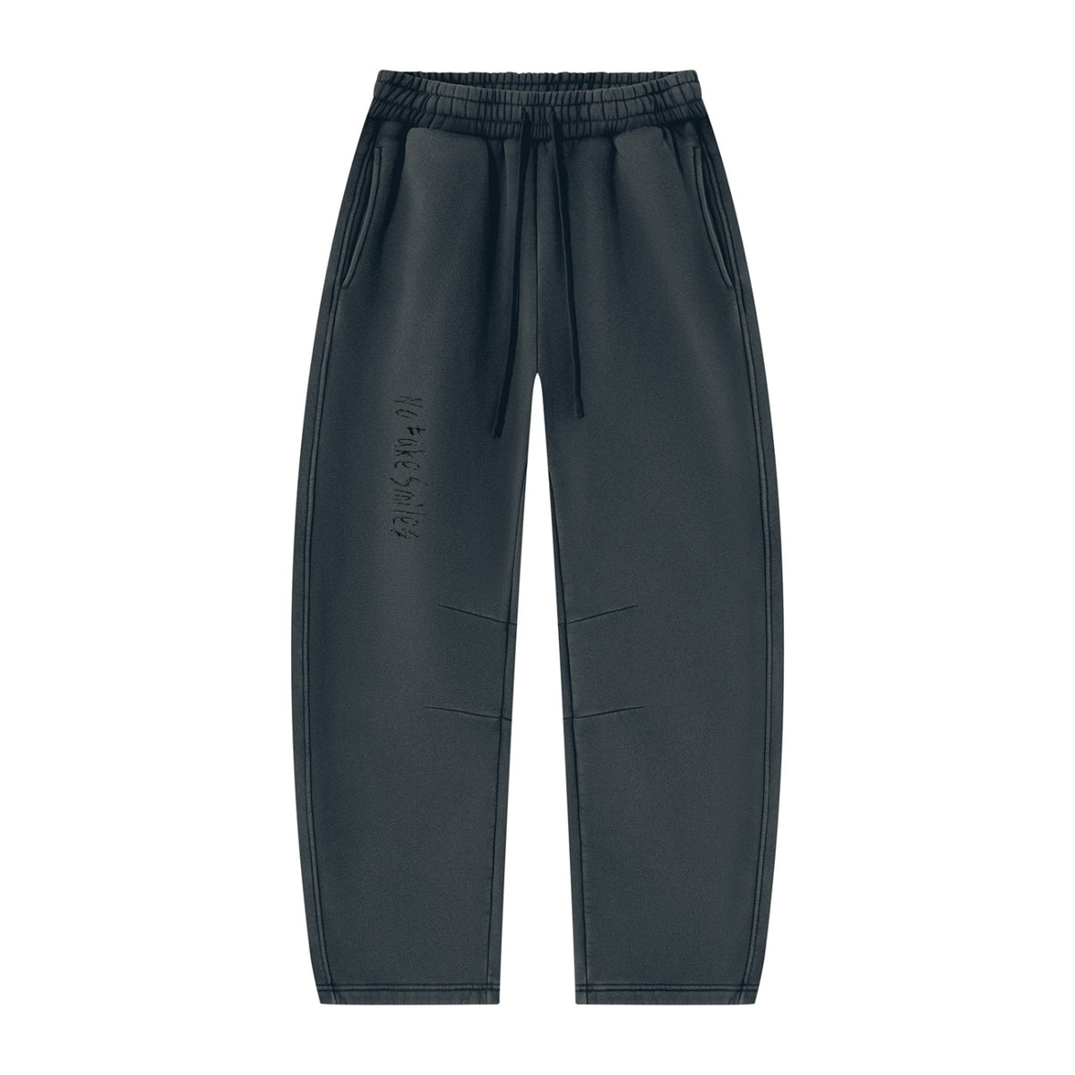 No Fake Smiles unisex charcoal grey fleece sweatpants with a barrel leg silhouette, drawstring waist, and slash pockets.