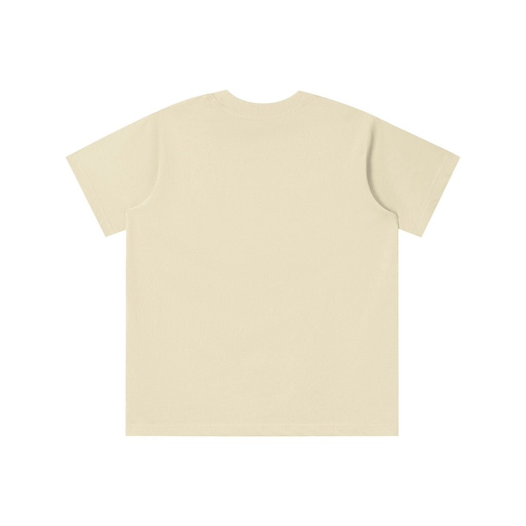 Back view of a plain beige No Fake Smiles kids' short-sleeve cotton t-shirt with a round neck and loose fit.