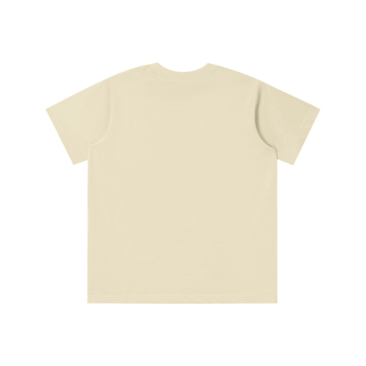 Back view of a plain beige No Fake Smiles kids' short-sleeve cotton t-shirt with a round neck and loose fit.