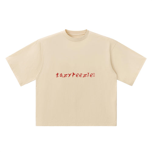 No Fake Smiles beige oversized cotton t-shirt with drop shoulders and red EazyPeezie graphic print on the chest.