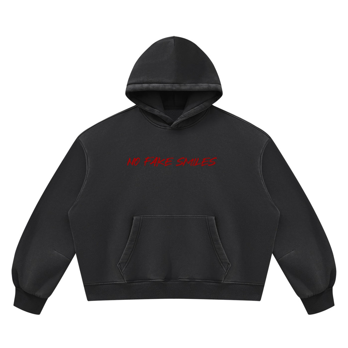 No Fake Smiles black boxy fleece hoodie with drop shoulders, front patch pocket, and red text logo on the chest.