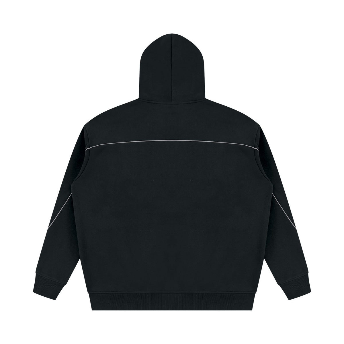 Back view of a No Fake Smiles oversized black fleece hoodie with white piping details and drop shoulder silhouette.