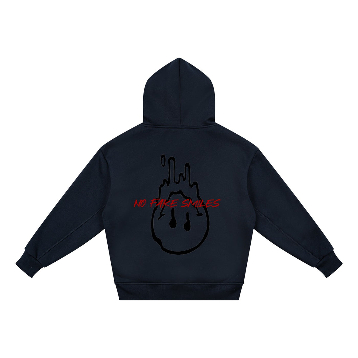 No Fake Smiles kids' black fleece hoodie featuring a drop shoulder fit, hood, and a dripping smiley face back graphic.