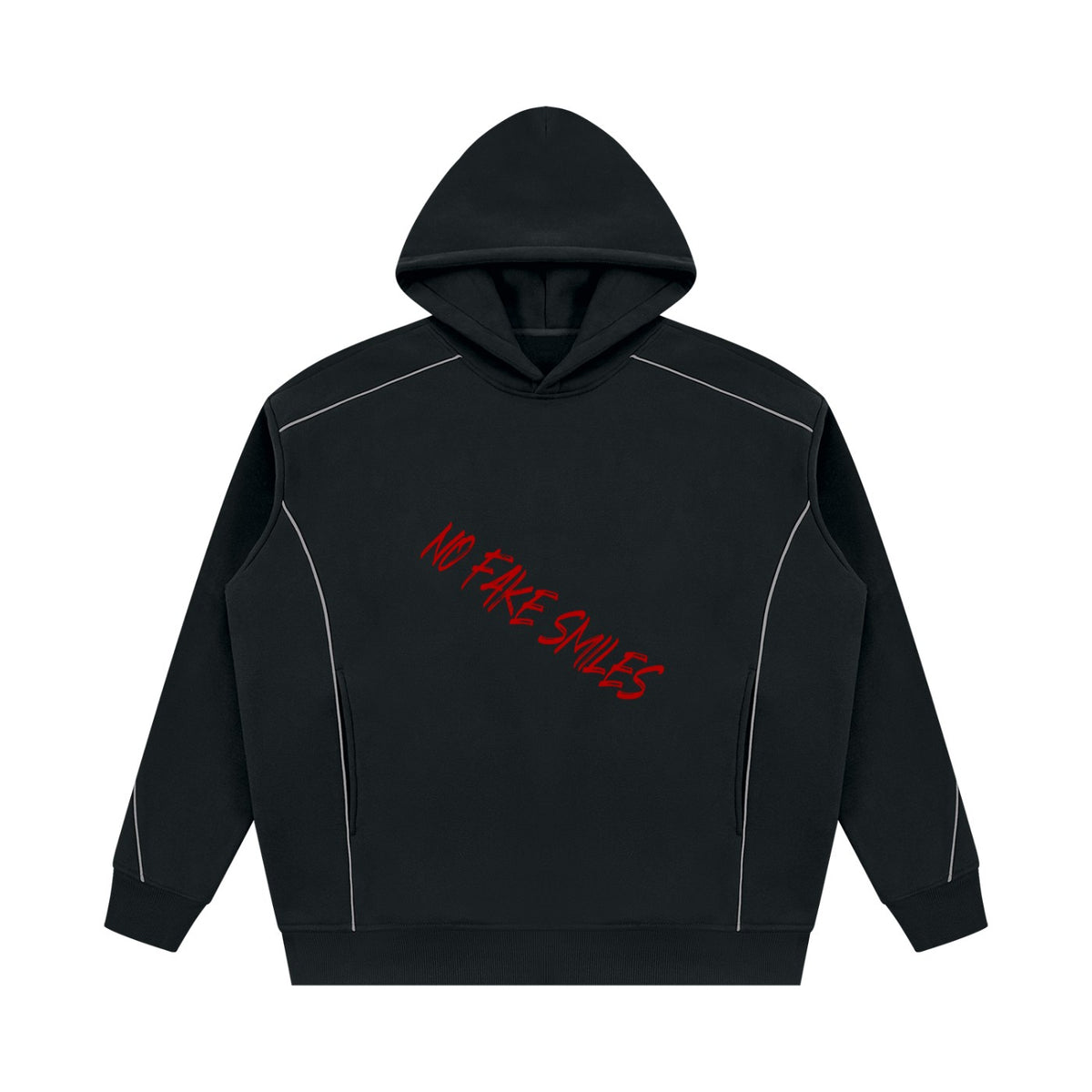 No Fake Smiles oversized black fleece hoodie with white piping details and slanted red text graphic on the chest.