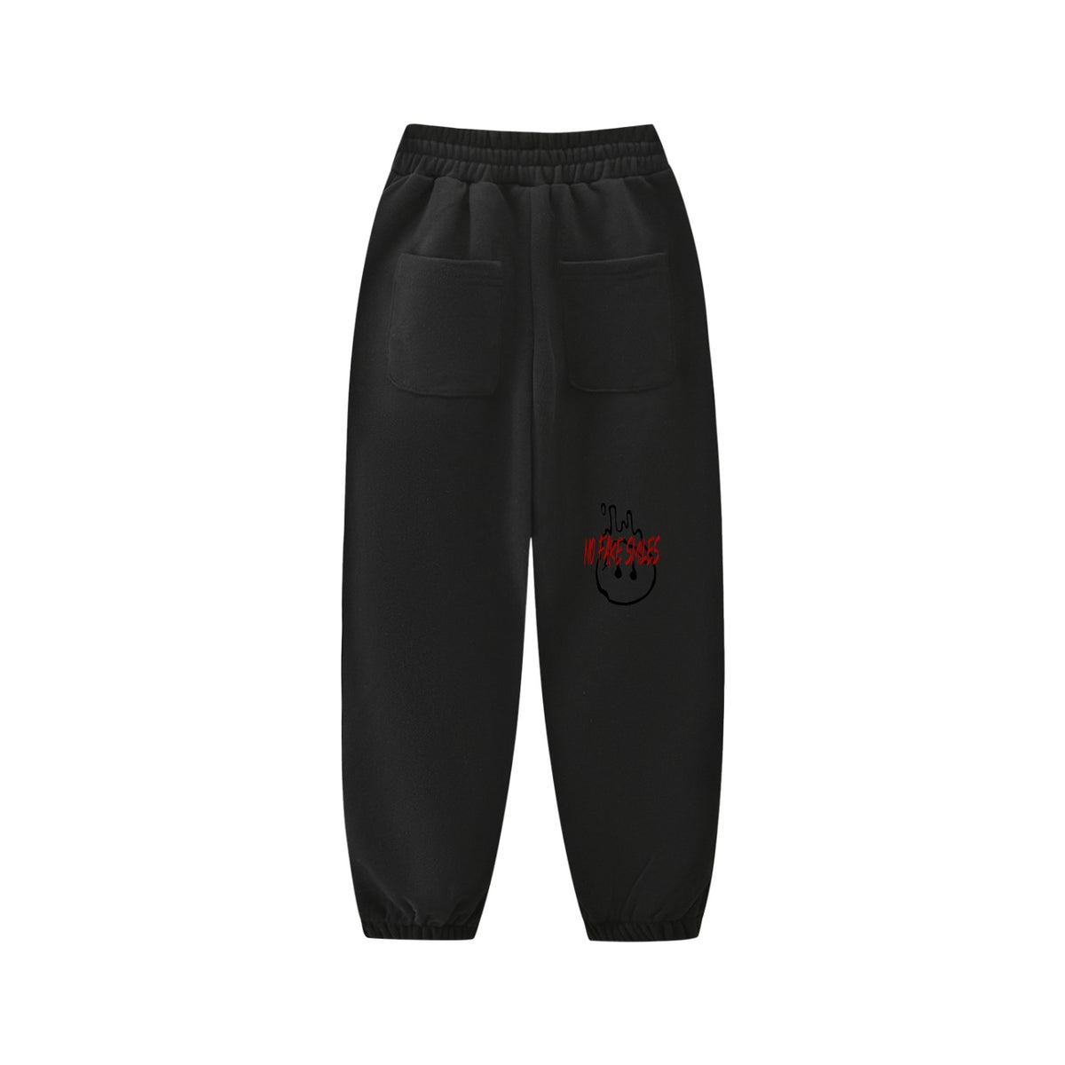 No Fake Smiles kids' black fleece jogger sweatpants with elastic waist, back pockets, and a graphic print.