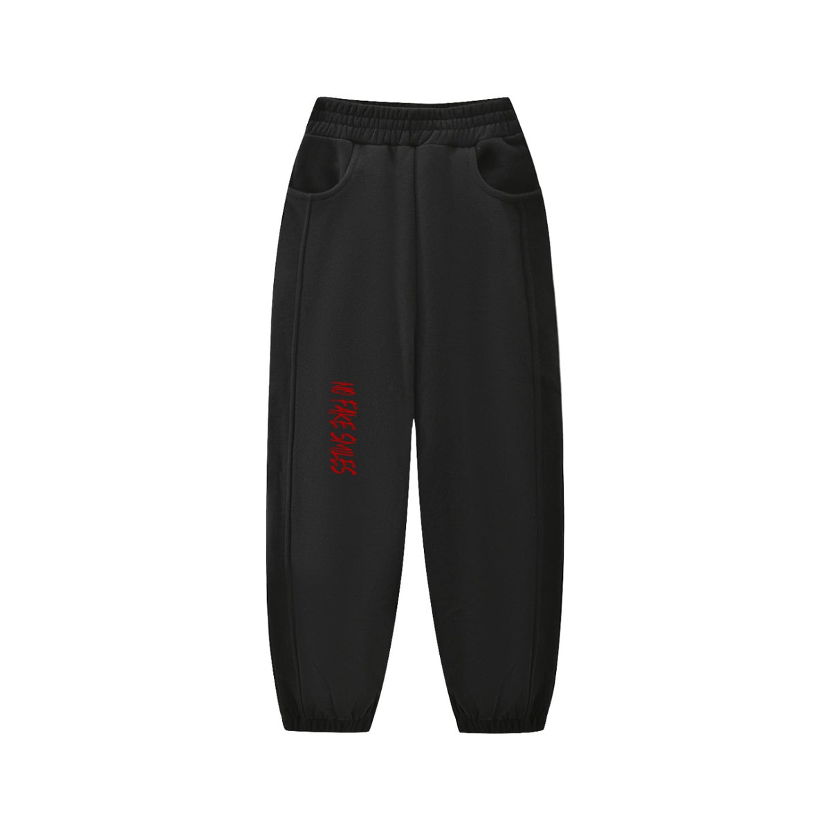 No Fake Smiles kids' black fleece jogger sweatpants with an elastic waist, side pockets, and red logo print.