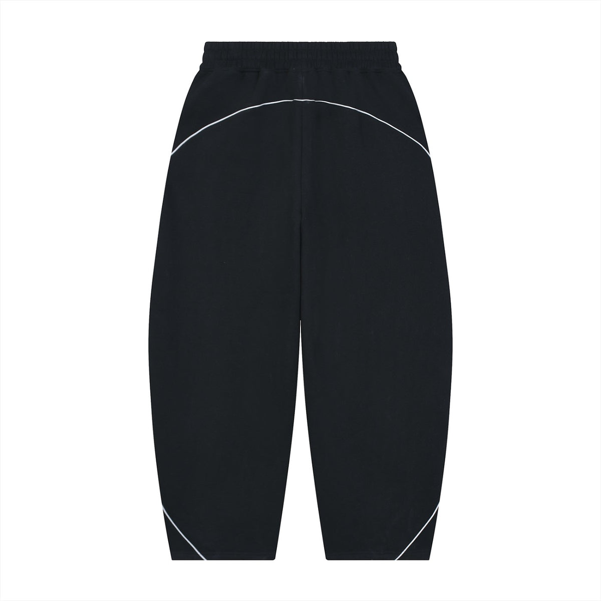 No Fake Smiles black fleece barrel leg sweatpants with white piping details and a high-rise drawstring waist.
