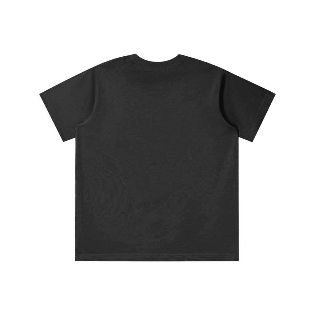 Back view of a plain black No Fake Smiles kids' short-sleeve cotton t-shirt with a round neck and loose fit.
