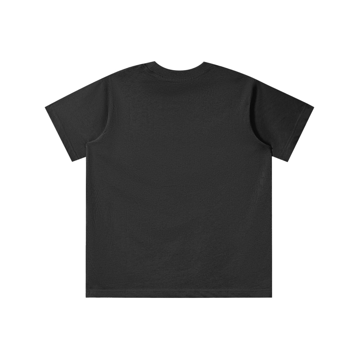 Back view of a plain black No Fake Smiles kids' short-sleeve cotton t-shirt with a round neck and loose fit.