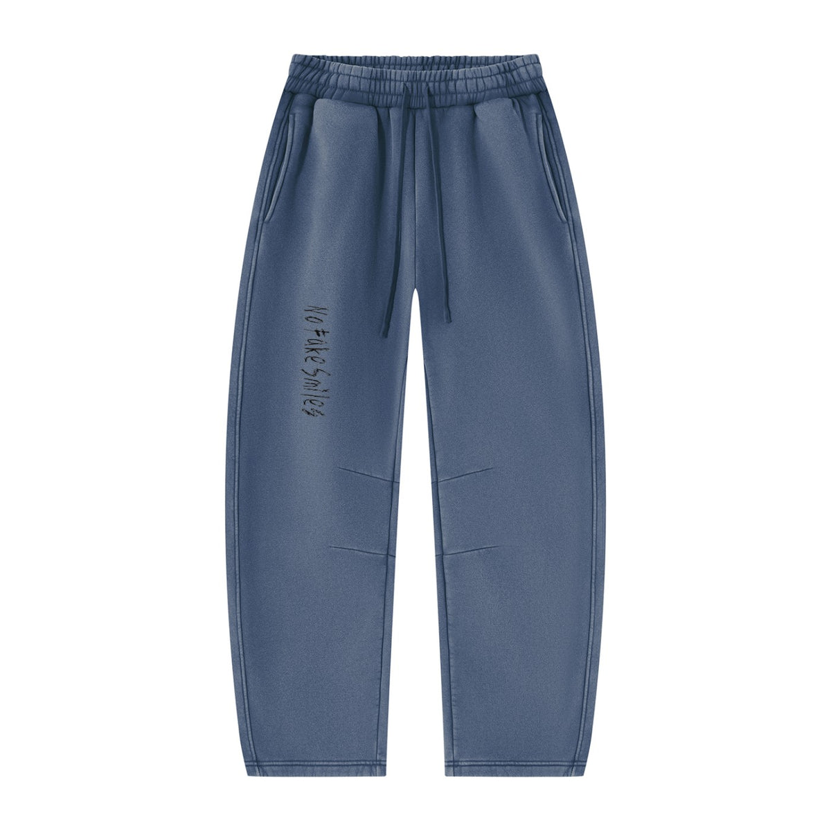 No Fake Smiles vintage wash blue barrel leg fleece sweatpants with drawstring waist and front pleats.