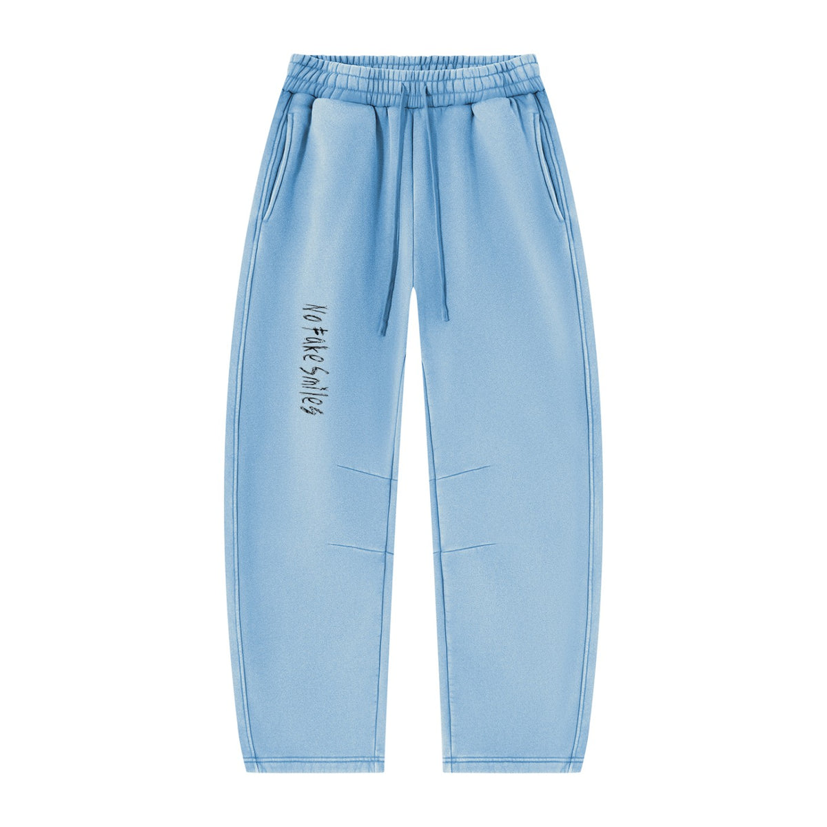 No Fake Smiles blue vintage wash barrel leg fleece sweatpants with drawstring waist and front pleats.