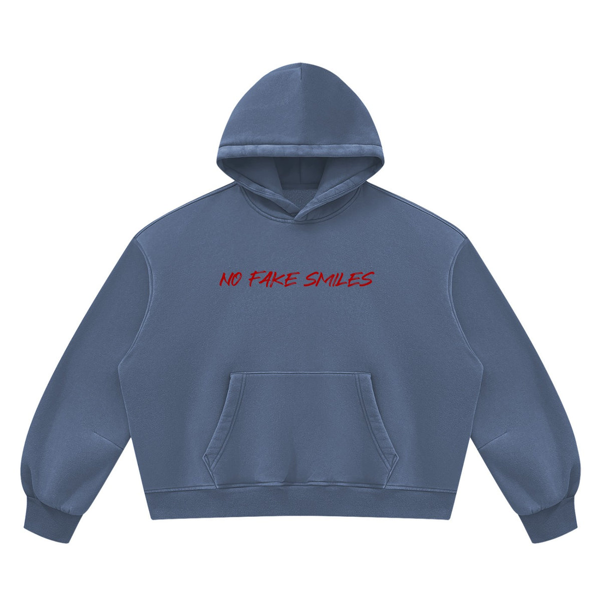 No Fake Smiles vintage wash blue boxy fleece pullover hoodie with drop shoulders and front patch pocket.