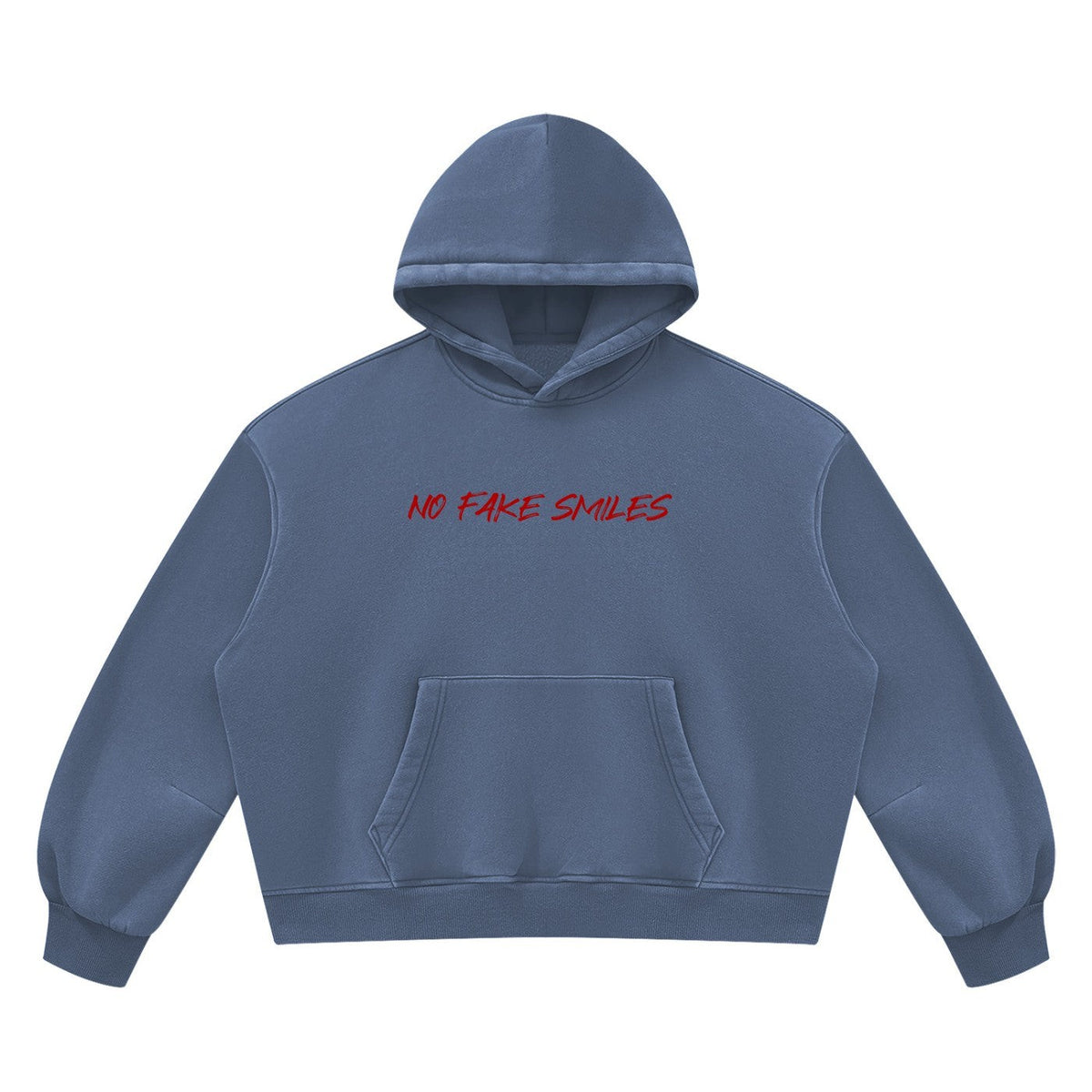 No Fake Smiles vintage wash blue boxy fleece hoodie with red text graphic on front and kangaroo pocket