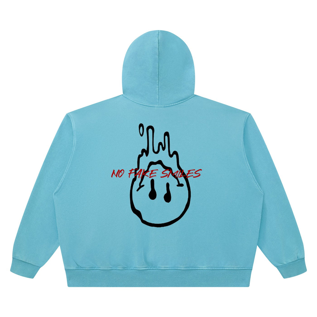 No Fake Smiles blue heavyweight cotton hoodie with a boxy fit, drop shoulders, and a black dripping smiley graphic.