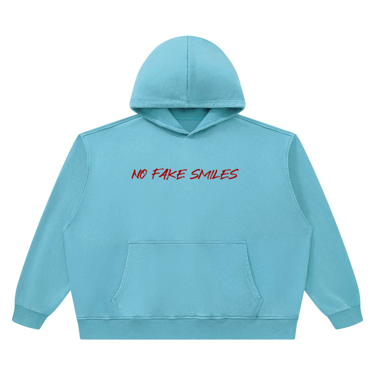 No Fake Smiles heavyweight blue cotton hoodie with a boxy fit, drop shoulders, and red text on the chest.