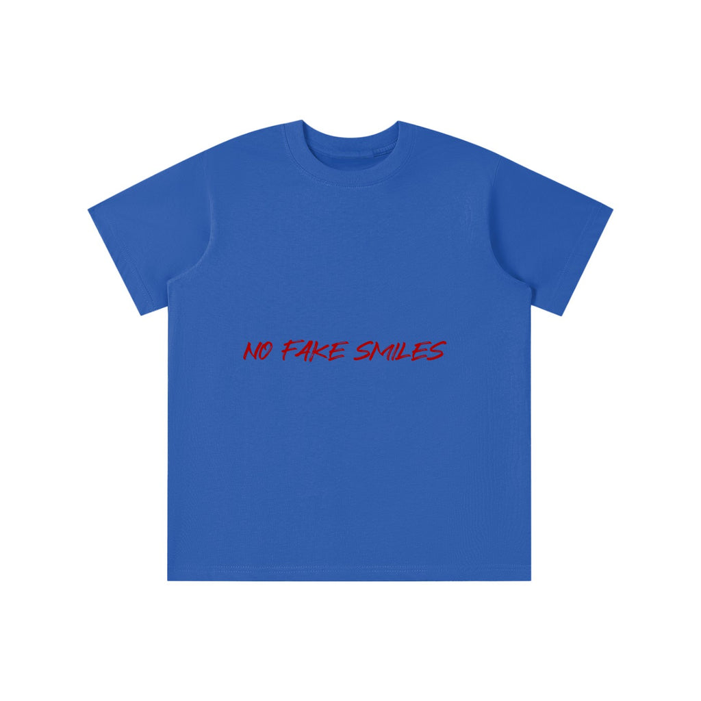 No Fake Smiles kids' blue cotton t-shirt with short sleeves, round neck, and red brand logo print.