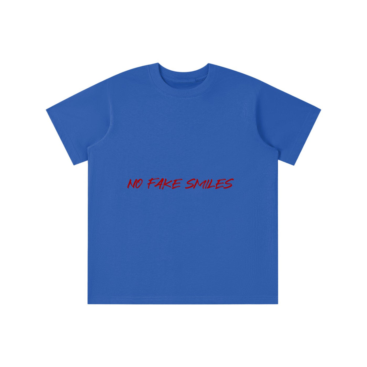 No Fake Smiles kids' blue cotton t-shirt with short sleeves, round neck, and red brand logo print.