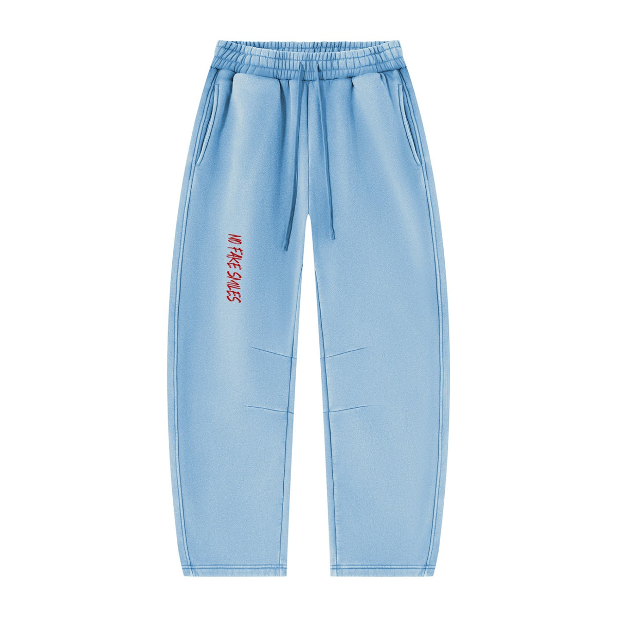 No Fake Smiles vintage wash light blue fleece sweatpants with a relaxed barrel-leg fit and red graphic logo detail.