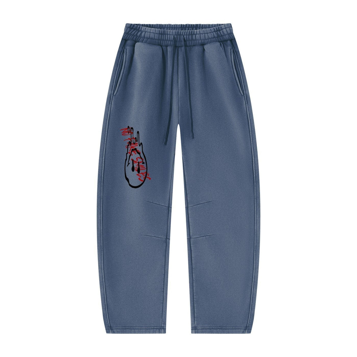 No Fake Smiles blue fleece lounge sweatpants with an artistic red and black graphic print on the right leg