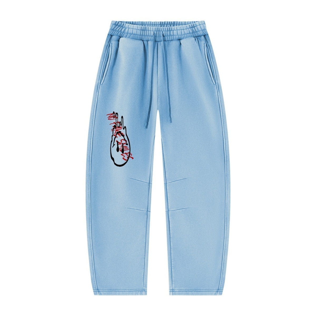 No Fake Smiles light blue fleece lounge sweatpants with an artistic red and black graphic print on the right leg.