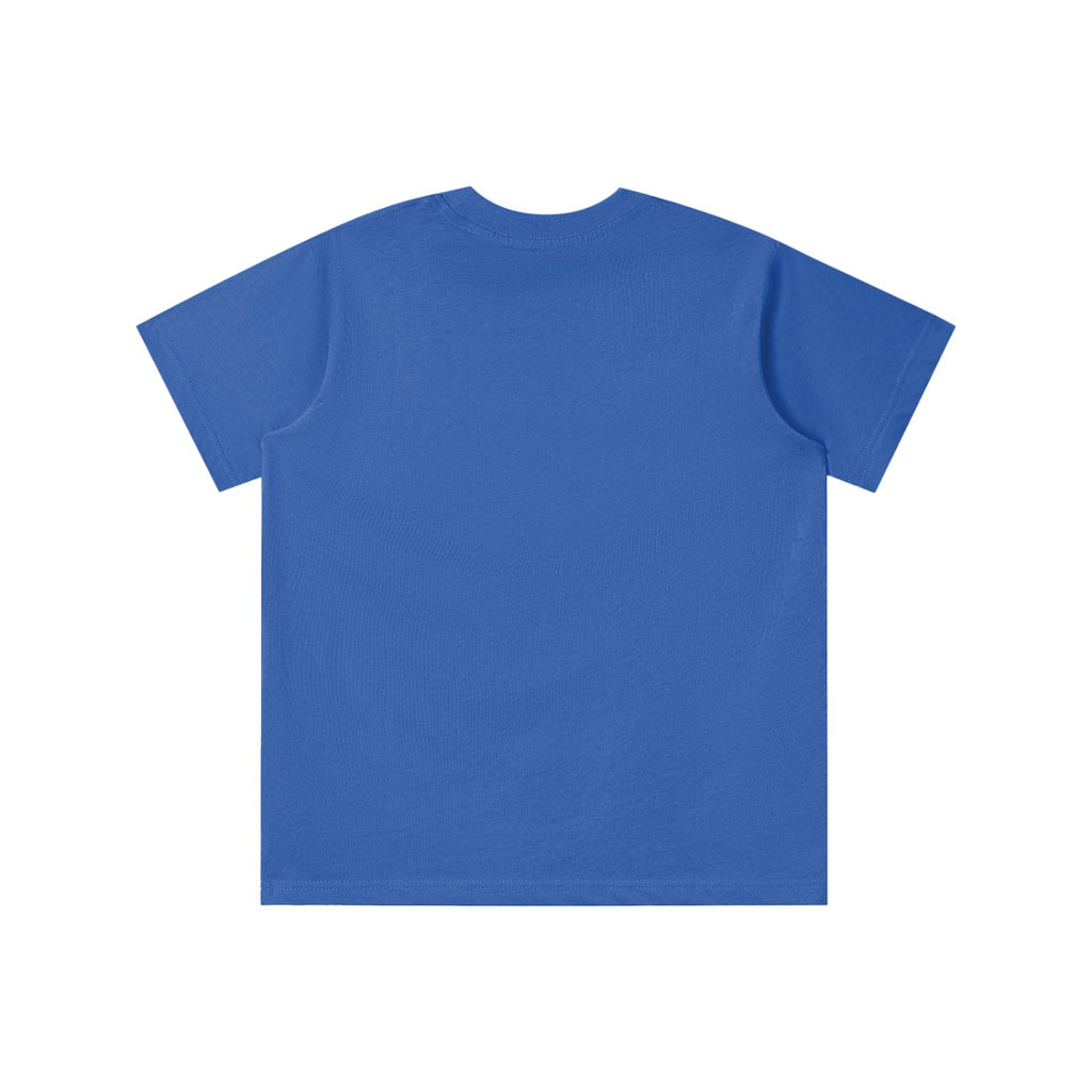 Back view of a blue No Fake Smiles kids' short-sleeve cotton t-shirt with a round neck and loose fit.