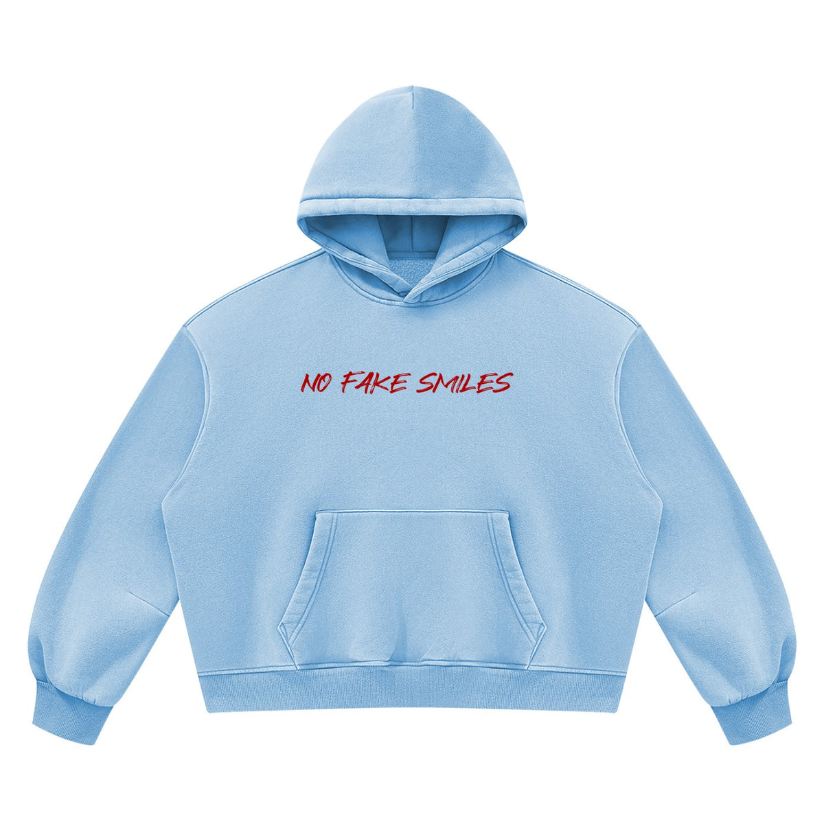 No Fake Smiles light blue boxy fleece hoodie with a vintage wash, drop shoulders, and a front patch pocket.