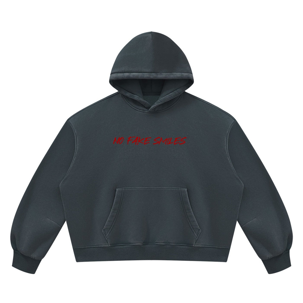 No Fake Smiles boxy heavyweight fleece hoodie in charcoal grey with red distressed front graphic and kangaroo pocket