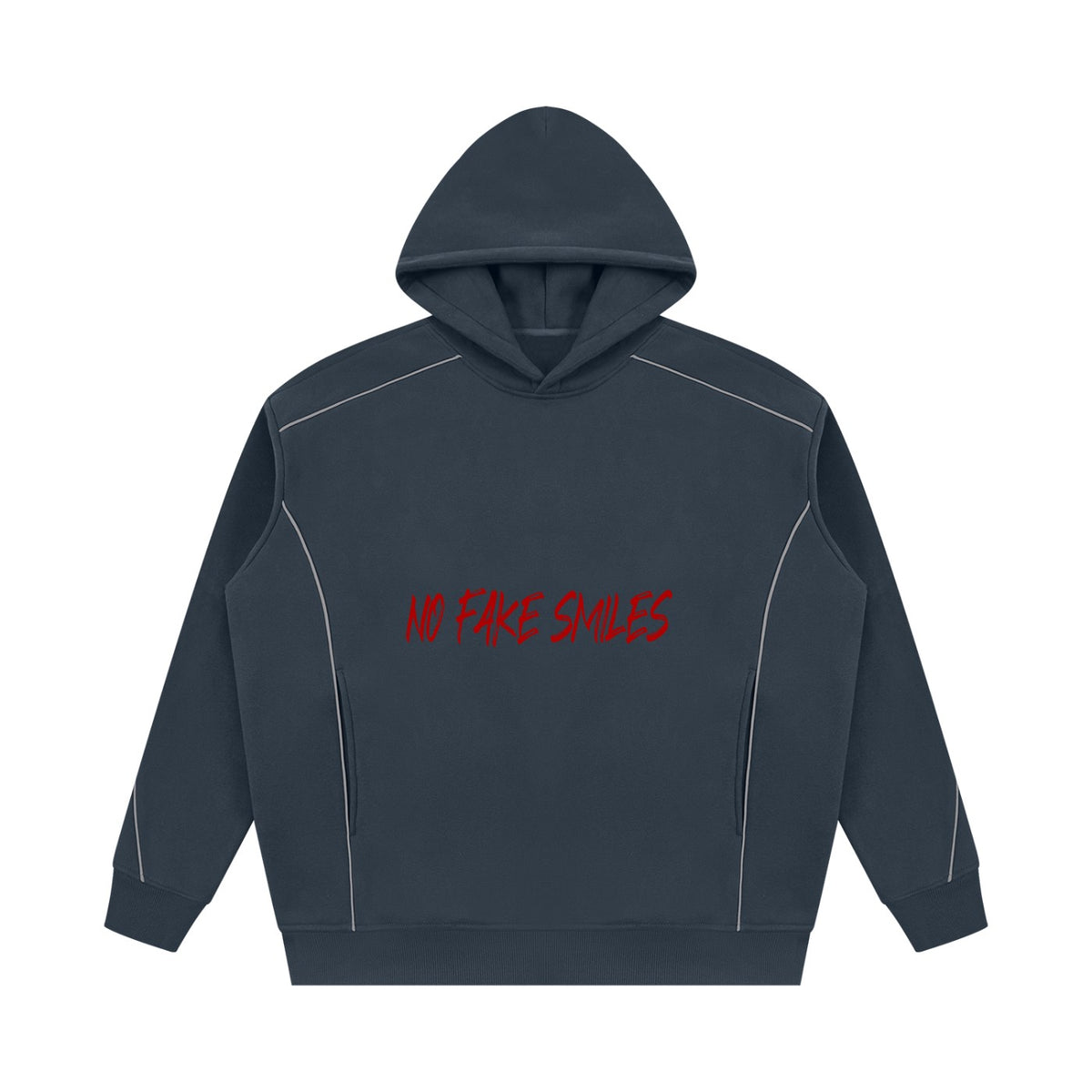 No Fake Smiles oversized charcoal grey fleece hoodie with red text and subtle piping details.