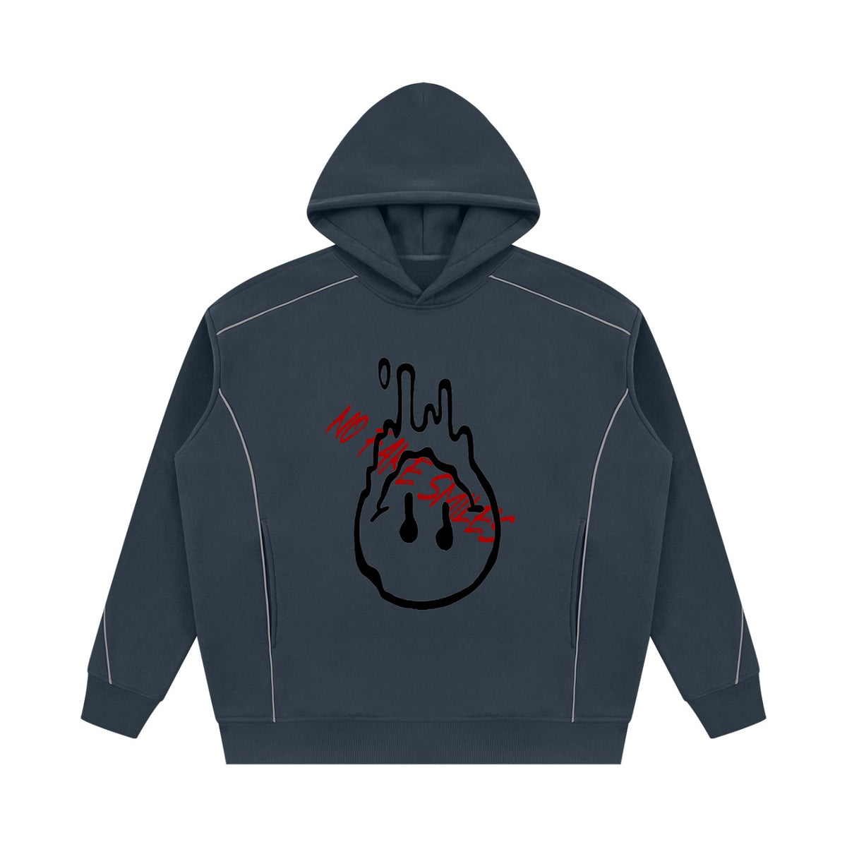 No Fake Smiles oversized charcoal grey fleece hoodie with a black melting smiley face and red slanted text graphic.
