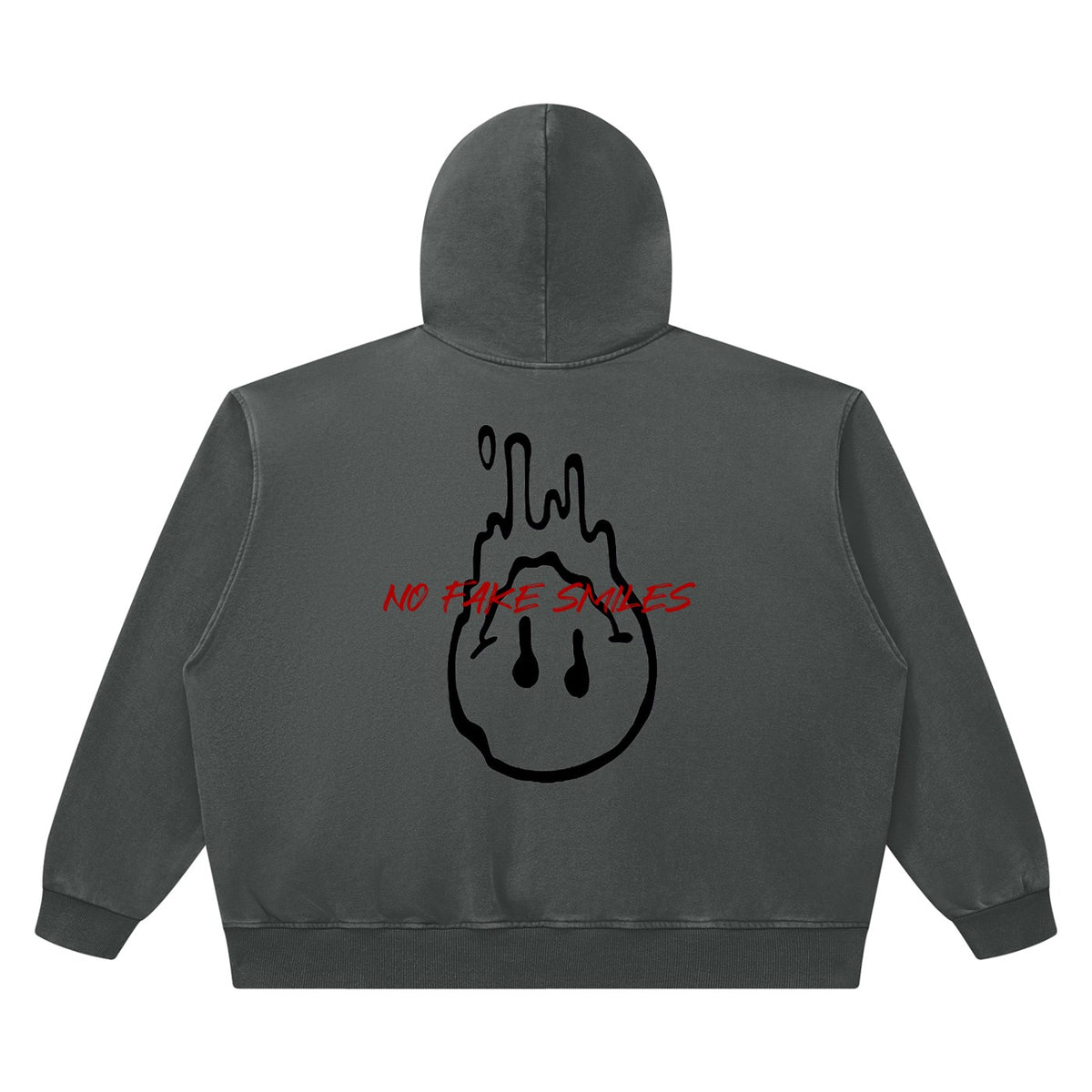 No Fake Smiles heavyweight vintage wash charcoal grey boxy hoodie with back graphic print