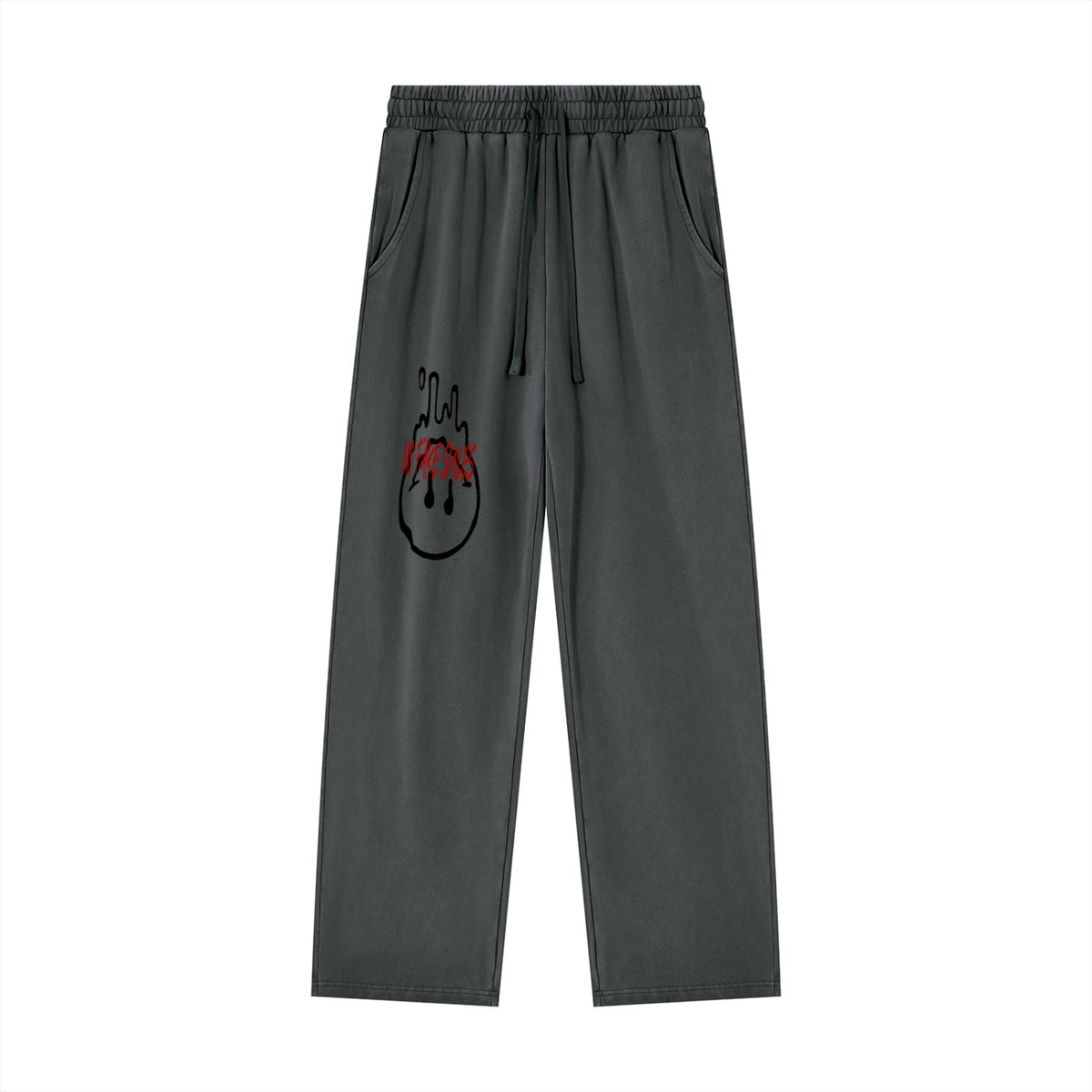 No Fake Smiles heavyweight vintage wash charcoal cotton sweatpants with a black droopy face graphic and red text.