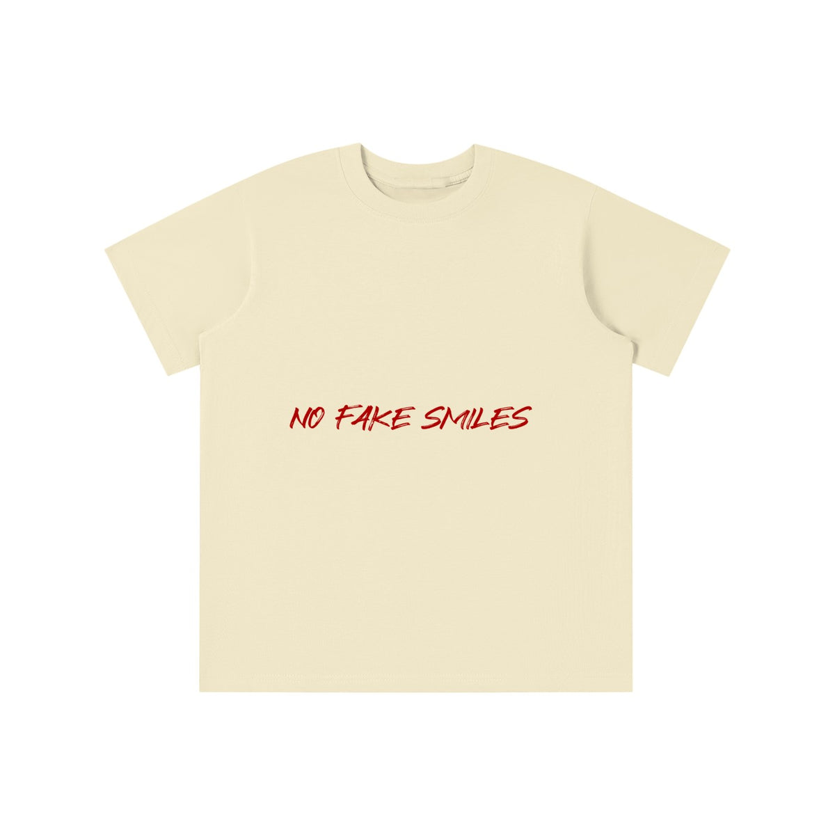 No Fake Smiles kids' cream cotton t-shirt with red graphic text, featuring a loose fit and round neck.