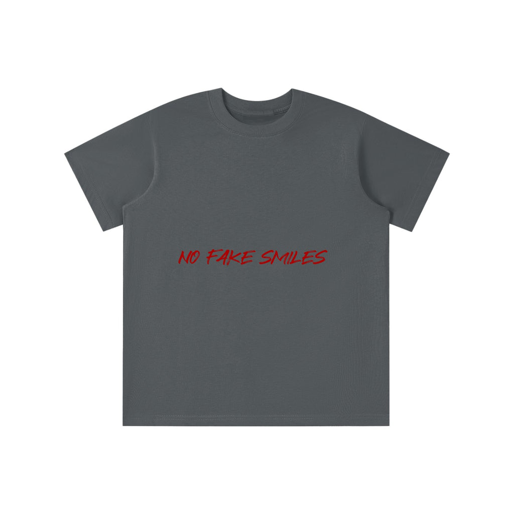 No Fake Smiles charcoal grey cotton t-shirt with red graphic text, featuring a round neck and loose fit for kids.