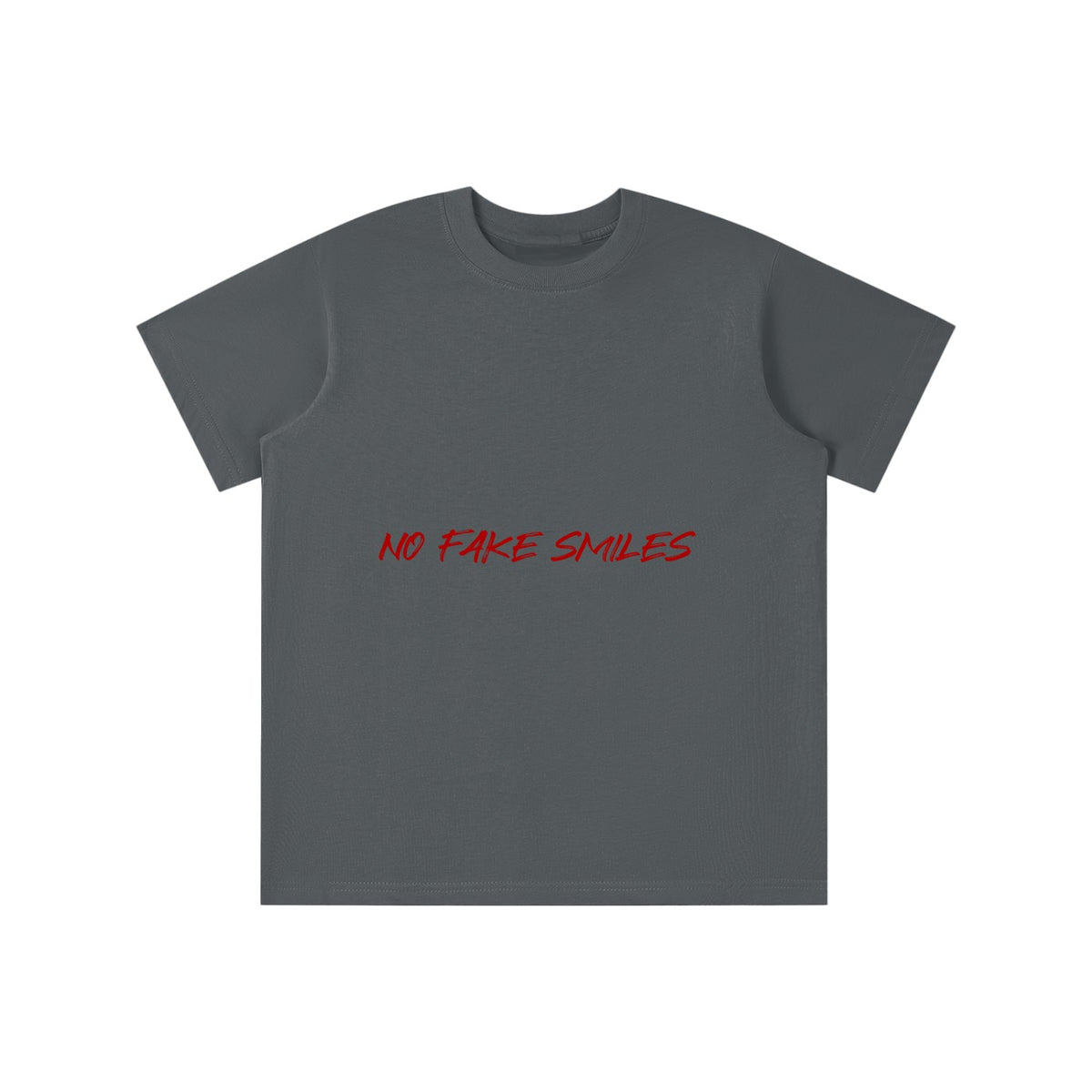 No Fake Smiles charcoal grey cotton t-shirt with red graphic text, featuring a round neck and loose fit for kids.