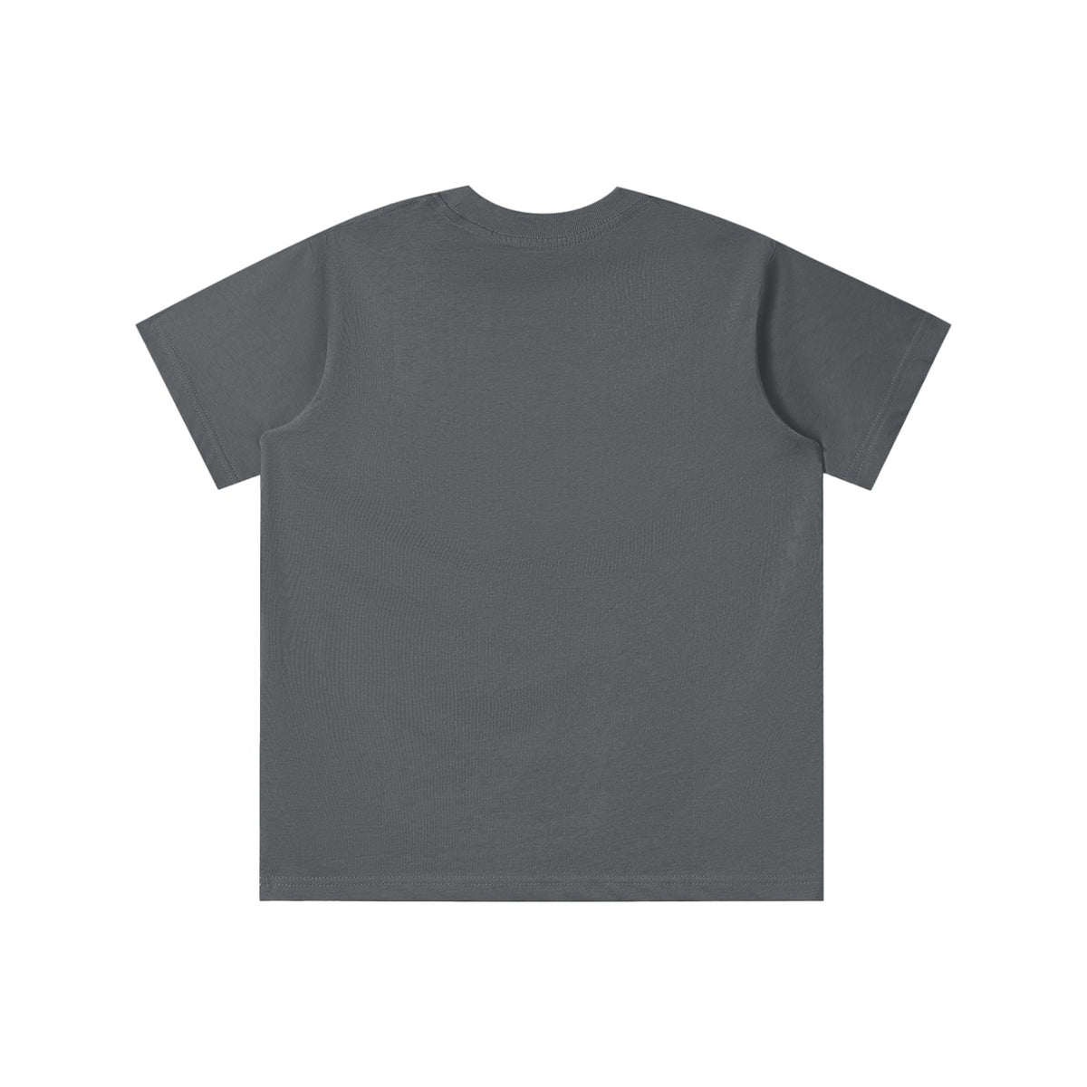 Back view of a dark grey No Fake Smiles kids' short-sleeve cotton t-shirt with a round neck and loose fit.
