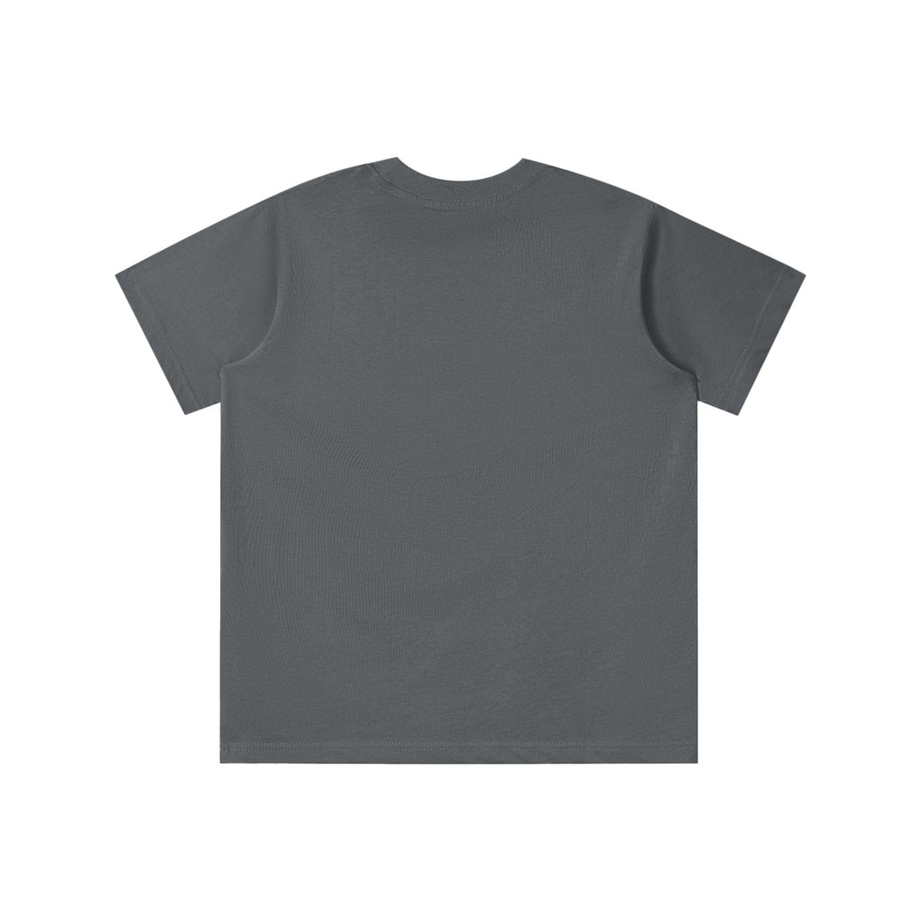 Back view of a dark grey No Fake Smiles kids' short-sleeve cotton t-shirt with a round neck and loose fit.