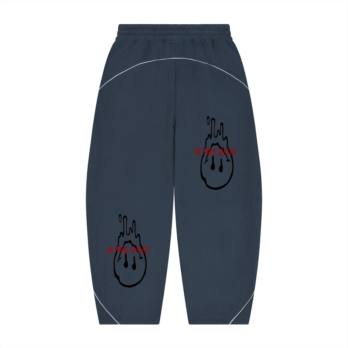 No Fake Smiles navy blue fleece sweatpants with barrel leg silhouette, white piping, and red dripping smiley graphics.