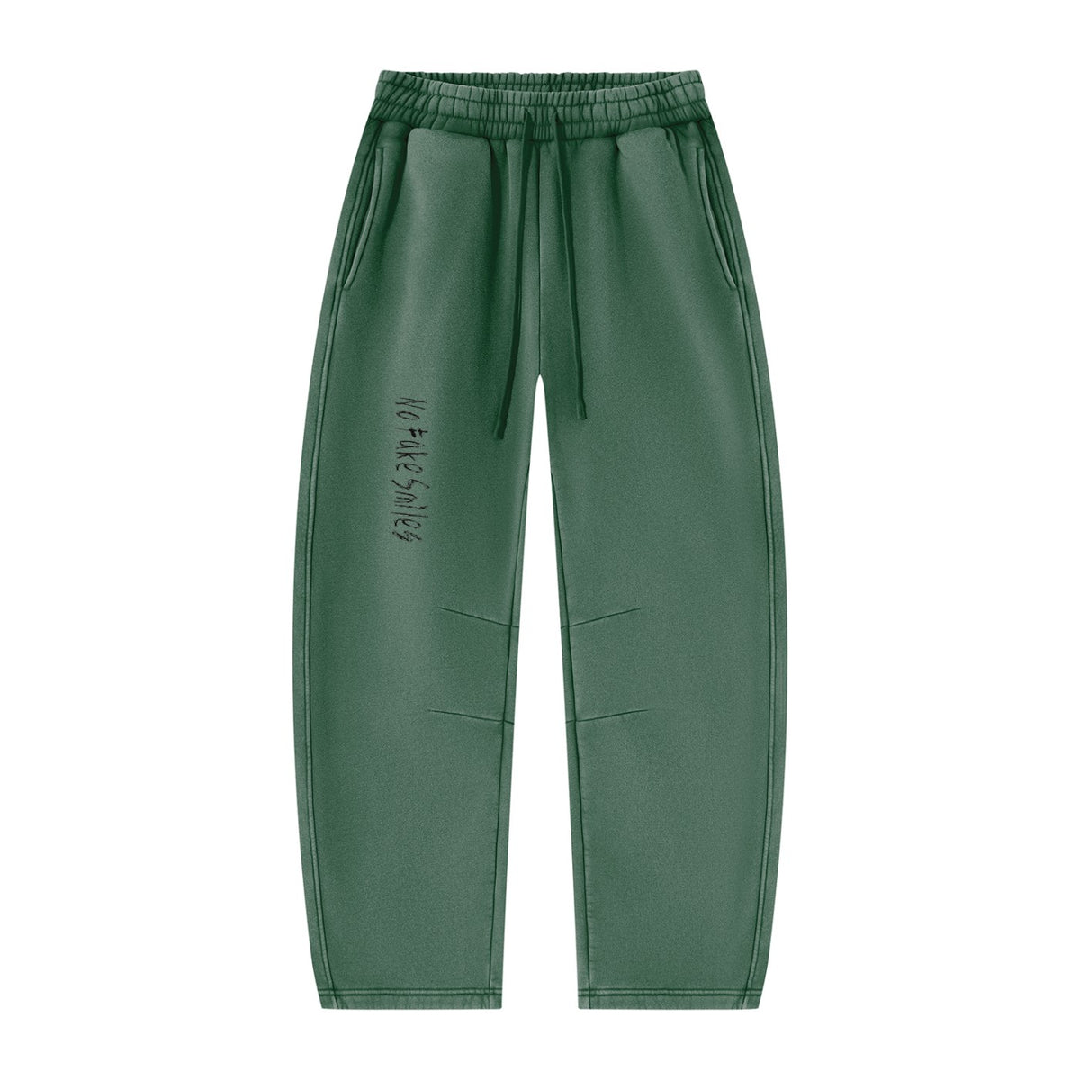No Fake Smiles dark green barrel leg sweatpants with drawstring waist, front pleats, and fleece lining.