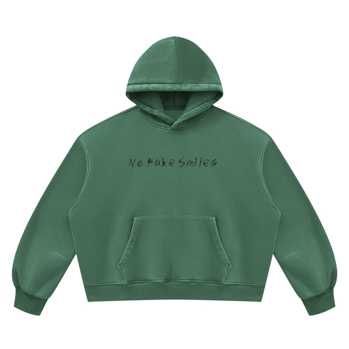 No Fake Smiles green vintage wash boxy fleece hoodie with drop shoulders and front patch pocket