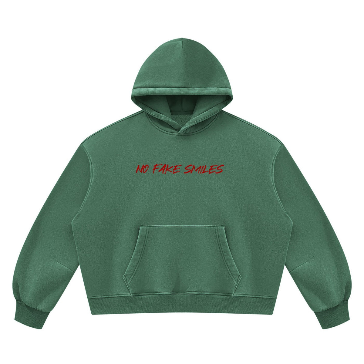 No Fake Smiles green boxy fleece hoodie with distressed red text graphic on the chest and a kangaroo pocket