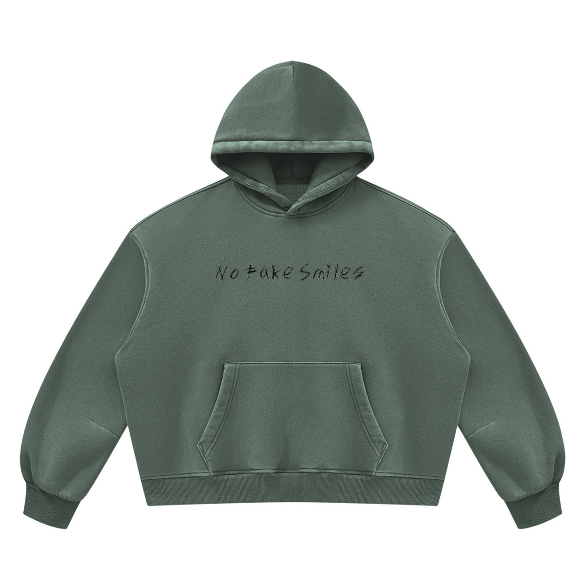 No Fake Smiles vintage wash boxy fleece hoodie in dark green with drop shoulders and a front patch pocket.