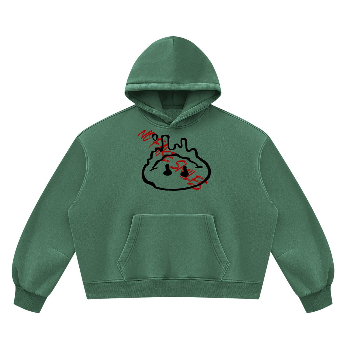 No Fake Smiles green boxy fleece hoodie with drop shoulders, front patch pocket, and red graphic print.