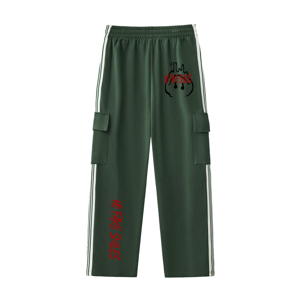 No Fake Smiles dark green straight-leg athleisure pants with side contrast webbing, cargo pockets, and red logo print.