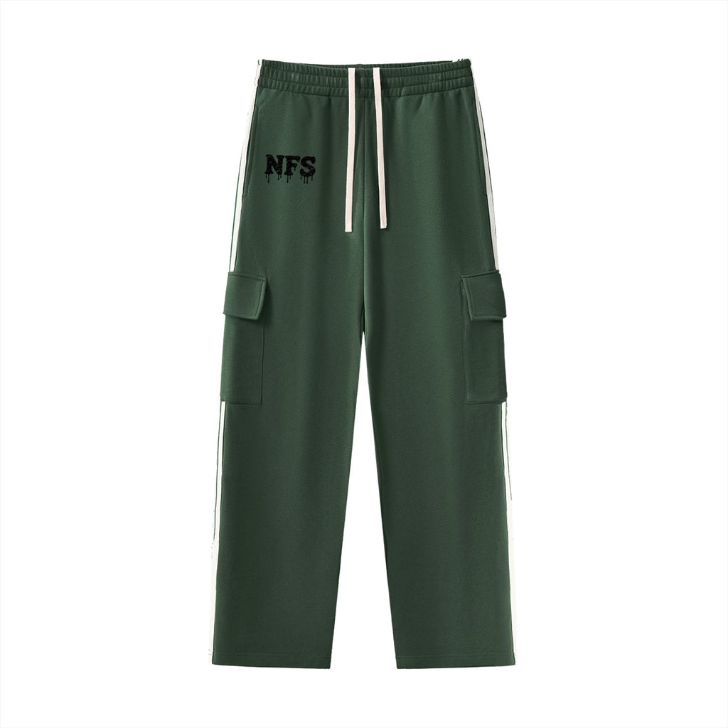 No Fake Smiles dark green straight-leg athleisure pants with side contrast webbing, cargo pockets, and drawstring waist.