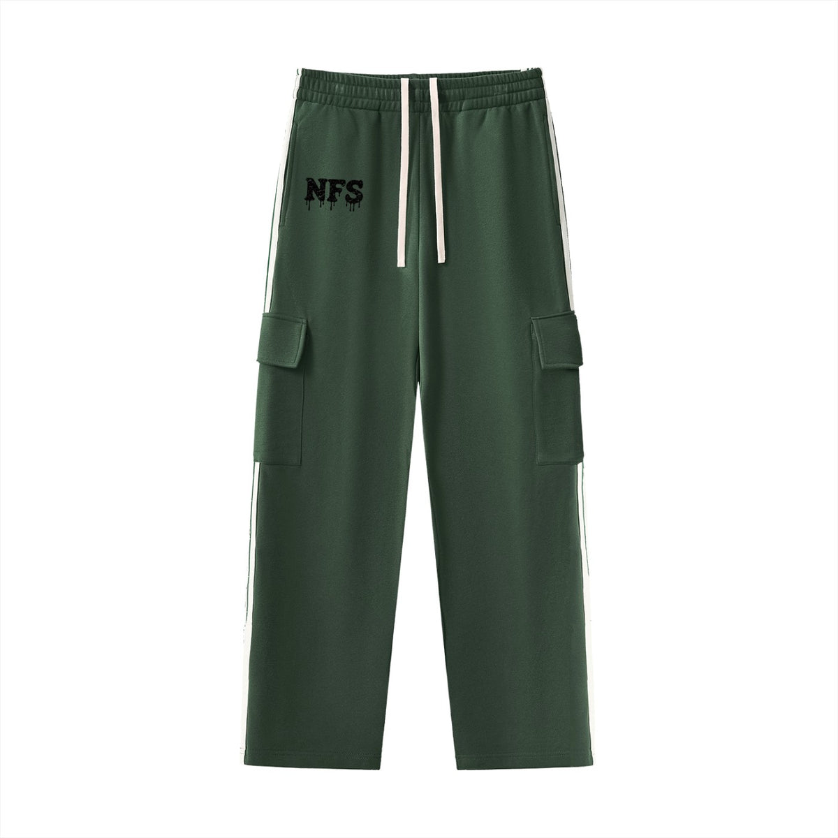 No Fake Smiles dark green straight-leg athleisure pants with side contrast webbing, cargo pockets, and drawstring waist.