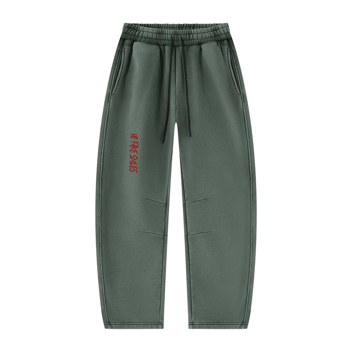 No Fake Smiles vintage wash dark green fleece sweatpants with a relaxed barrel-leg fit and red graphic detail.